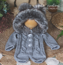 Load image into Gallery viewer, Light Grey knitted hooded romper for 12-24 months old. Children photography prop, outfit
