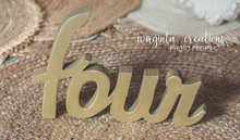 Load image into Gallery viewer, Curved Wooden Letters Two, Three or Four | Golden Colour | Free-Standing Word | Unique Photography Prop | Room Decor | Birthday Decoration