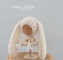 Load image into Gallery viewer, Alpaca Yarn Bunny Bonnet | Hand-Knitted |Cream | Floppy Ears | Easter | Sizes available: 6-12 months old and 12-24 months old