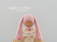 Load image into Gallery viewer, Alpaca Yarn Bunny Bonnet | Hand-Knitted | Pink | Floppy Ears | Easter | Sizes available: 6-12 months old and 12-24 months old