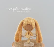 Load image into Gallery viewer, Alpaca Yarn Bunny Bonnet | Hand-Knitted | Yellow | Floppy Ears | Easter | Sizes available: 6-12 months old and 12-24 months old