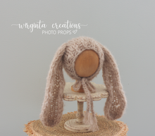 Load image into Gallery viewer, Alpaca Yarn Bunny Bonnet | Hand-Knitted | Camel Brown | Floppy Ears | Easter | Sizes available: 6-12 months old and 12-24 months old