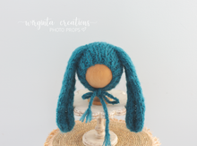Load image into Gallery viewer, Alpaca Yarn Bunny Bonnet | Hand-Knitted | Turquoise | Floppy Ears | Easter | Sizes available: 6-12 months old and 12-24 months old