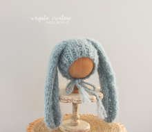 Load image into Gallery viewer, Alpaca Yarn Bunny Bonnet | Hand-Knitted | Pale Mint | Floppy Ears | Easter | Sizes available: 6-12 months old and 12-24 months old