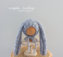 Load image into Gallery viewer, Alpaca Yarn Bunny Bonnet | Hand-Knitted | Grey-Blue | Floppy Ears | Easter | Sizes available: 6-12 months old and 12-24 months old