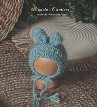 Load image into Gallery viewer, Mint Knitted Newborn Bunny Outfit with Matching Bonnet - Photo Prop