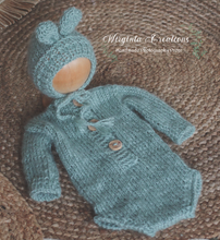 Load image into Gallery viewer, Mint Knitted Newborn Bunny Outfit with Matching Bonnet - Photo Prop