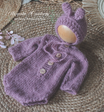 Load image into Gallery viewer, Plum Colour Knitted Newborn Bunny Outfit with Matching Bonnet - Photo Prop
