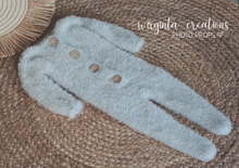 Load image into Gallery viewer, Luxurious Hand-Knitted Newborn Bunny Romper Set in Elegant Grey: Footed Design, Floppy Ears, and Coordinating Bonnet
