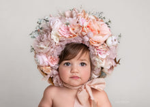 Load image into Gallery viewer, Christmas Flower Bonnet for 9–24 Months Olds - Handmade Festive Headpiece - Bonnet's Colours: Cream, Gold, Beige - Photography Prop
