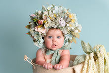 Load image into Gallery viewer, Flower Bonnet for 9–24 Months Olds | Handmade Headpiece | Bonnet's Colours: Dusty Mauve, Pink, Gold, White | Photography Prop