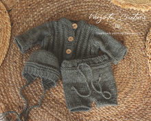 Load image into Gallery viewer, Handmade Three Piece Set for Newborn - Khaki Knitted Cardigan, Bonnet and Shorts - Photography Prop