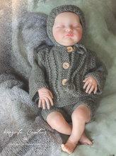 Load image into Gallery viewer, Handmade Three Piece Set for Newborn - Khaki Green Knitted Cardigan, Bonnet and Shorts - Photography Prop
