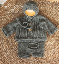 Load image into Gallery viewer, Handmade Three Piece Set for Newborn - Khaki Green Knitted Cardigan, Bonnet and Shorts - Photography Prop