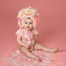 Load image into Gallery viewer, Christmas Flower Bonnet for 9–24 Months Olds - Handmade Festive Headpiece - Bonnet's Colours: Cream, Gold, Beige - Photography Prop