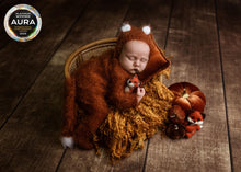 Load image into Gallery viewer, Handmade Fox-Themed Newborn Photography Outfit - Burnt Orange Knitted Footless Romper with Tail and Hat - Woodlands-Inspired Photo Prop Set