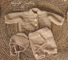 Load image into Gallery viewer, Handmade Three Piece Set for Newborn - Light Brown Knitted Cardigan, Bonnet and Shorts - Photography Prop