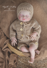 Load image into Gallery viewer, Handmade Three Piece Set for Newborn - Light Brown Knitted Cardigan, Bonnet and Shorts - Photography Prop