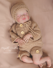 Load image into Gallery viewer, Handmade Three Piece Set for Newborn - Light Brown Knitted Cardigan, Bonnet and Shorts - Photography Prop