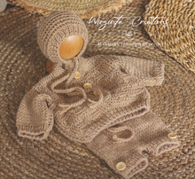 Load image into Gallery viewer, Handmade Three Piece Set for Newborn - Light Brown Knitted Cardigan, Bonnet and Shorts - Photography Prop