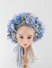 Load image into Gallery viewer, Flower Bonnet for 6-12 Months - Light Blue Colour - Handmade - Artificial Flower Headpiece - Photo Prop