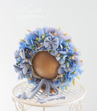 Load image into Gallery viewer, Flower Bonnet for 6-12 Months - Light Blue Colour - Handmade - Artificial Flower Headpiece - Photo Prop