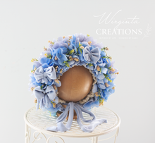 Load image into Gallery viewer, Flower Bonnet for 6-12 Months - Light Blue Colour - Handmade - Artificial Flower Headpiece - Photo Prop