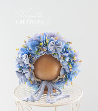 Load image into Gallery viewer, Flower Bonnet for 6-12 Months - Light Blue Colour - Handmade - Artificial Flower Headpiece - Photo Prop