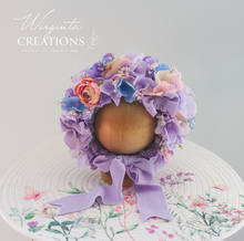 Load image into Gallery viewer, Flower Bonnet for Newborns (0-3 Months) - Photography Headpiece - Lilac, Purple Colour - Photo Prop