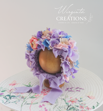 Load image into Gallery viewer, Flower Bonnet for Newborns (0-3 Months) - Photography Headpiece - Lilac, Purple Colour - Photo Prop