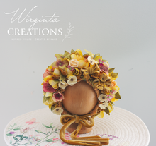 Load image into Gallery viewer, Flower Bonnet for Newborns (0-3 Months) - Photography Headpiece - Mustard Colour - Photo Prop