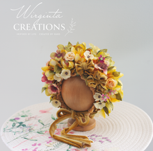 Load image into Gallery viewer, Flower Bonnet for Newborns (0-3 Months) - Photography Headpiece - Mustard Colour - Photo Prop