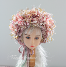 Load image into Gallery viewer, Flower Bonnet for 9–24 Months Olds | Handmade Headpiece | Bonnet's Colours: Dusty Mauve, Pink, Gold, White | Photography Prop