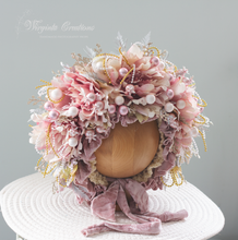 Load image into Gallery viewer, Flower Bonnet for 9–24 Months Olds | Handmade Headpiece | Bonnet's Colours: Dusty Mauve, Pink, Gold, White | Photography Prop