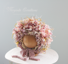 Load image into Gallery viewer, Flower Bonnet for 9–24 Months Olds | Handmade Headpiece | Bonnet's Colours: Dusty Mauve, Pink, Gold, White | Photography Prop