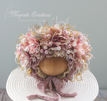 Load image into Gallery viewer, Flower Bonnet for 9–24 Months Olds | Handmade Headpiece | Bonnet's Colours: Dusty Mauve, Pink, Gold, White | Photography Prop