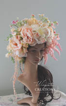 Load image into Gallery viewer, Large Flower Headpiece - Cascading Style Photography Crown - Colours: Peach, Pink, Cream - Maternity Photoshoot - Luxury Flower Headband