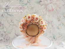 Load image into Gallery viewer, Flower Bonnet for Newborns (0-3 Months) - Photography Headpiece - Peach Colour - Photo Prop