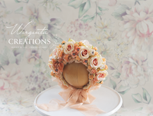 Load image into Gallery viewer, Flower Bonnet for Newborns (0-3 Months) - Photography Headpiece - Peach Colour - Photo Prop