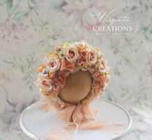 Load image into Gallery viewer, Flower Bonnet for Newborns (0-3 Months) - Photography Headpiece - Peach Colour - Photo Prop