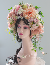 Load image into Gallery viewer, Large Flower Headpiece - Cascading Style Photography Crown - Colours: Peach, Pink, White - Maternity Photoshoot - Luxury Flower Headband