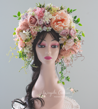 Load image into Gallery viewer, Large Flower Headpiece - Cascading Style Photography Crown - Colours: Peach, Pink, White - Maternity Photoshoot - Luxury Flower Headband