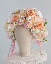 Load image into Gallery viewer, Large Flower Headpiece - Cascading Style Photography Crown - Colours: Peach, Pink, White - Maternity Photoshoot - Luxury Flower Headband (Copy)