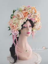 Load image into Gallery viewer, Large Flower Headpiece - Cascading Style Photography Crown - Colours: Peach, Pink, White - Maternity Photoshoot - Luxury Flower Headband (Copy)