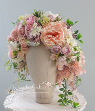 Load image into Gallery viewer, Large Flower Headpiece - Cascading Style Photography Crown - Colours: Peach, Pink, White - Maternity Photoshoot - Luxury Flower Headband