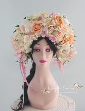 Load image into Gallery viewer, Large Flower Headpiece - Cascading Style Photography Crown - Colours: Peach, Pink, White - Maternity Photoshoot - Luxury Flower Headband (Copy)