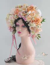 Load image into Gallery viewer, Large Flower Headpiece - Cascading Style Photography Crown - Colours: Peach, Pink, White - Maternity Photoshoot - Luxury Flower Headband (Copy)