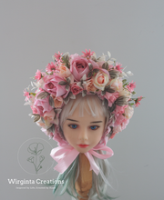 Load image into Gallery viewer, Flower Bonnet for 12-24 Months - Pink Colour - Handmade - Artificial Flower Headpiece - Photo Prop