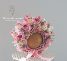 Load image into Gallery viewer, Flower Bonnet for 12-24 Months - Pink Colour - Handmade - Artificial Flower Headpiece - Photo Prop