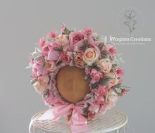 Load image into Gallery viewer, Flower Bonnet for 12-24 Months - Pink Colour - Handmade - Artificial Flower Headpiece - Photo Prop